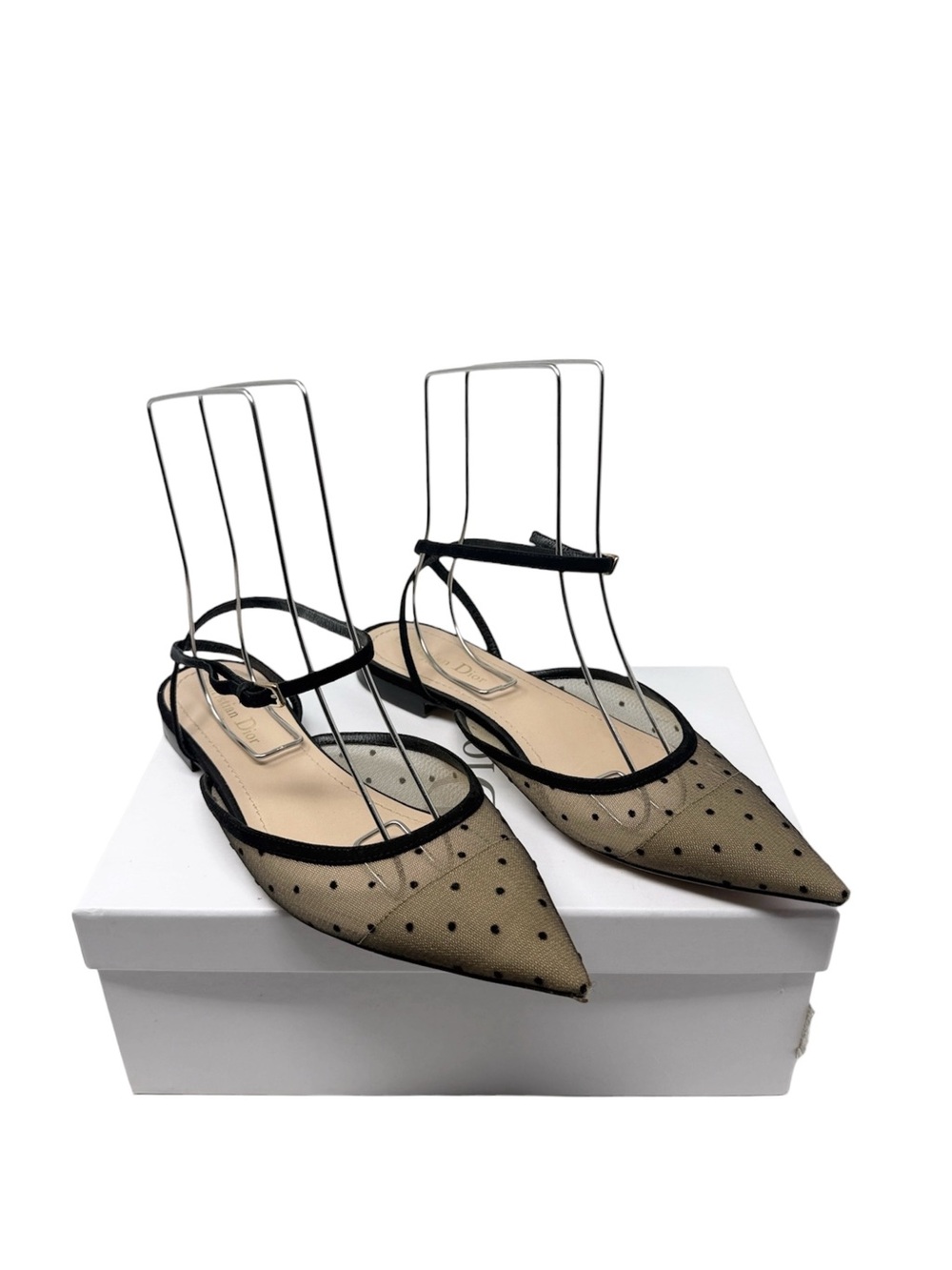 Dior Pretty Polka Dot Mesh Ankle Wrap Ballet Flats Pointed Toe Size 40